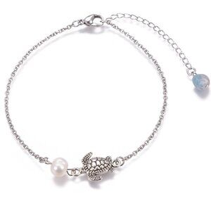 NWOT - Sweet handmade Anklet Sea turtle W natural Pearl & Aquamarine Cruise wear